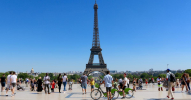 A view of the Eiffel Tower in Paris on a sunny day.